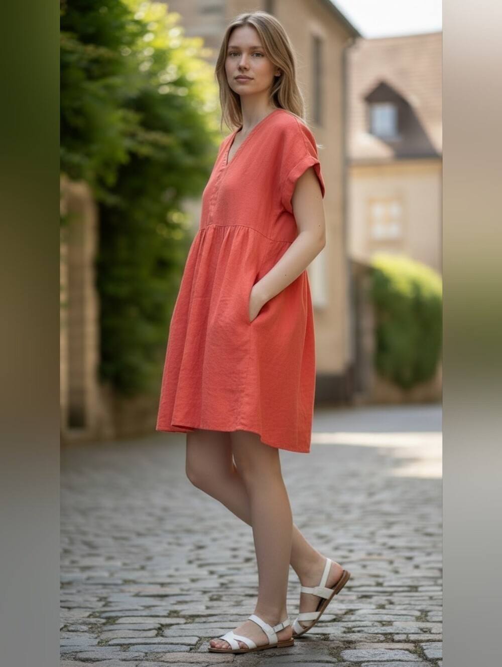 Briggs New York Linen Blend Coral V-Neck Dress